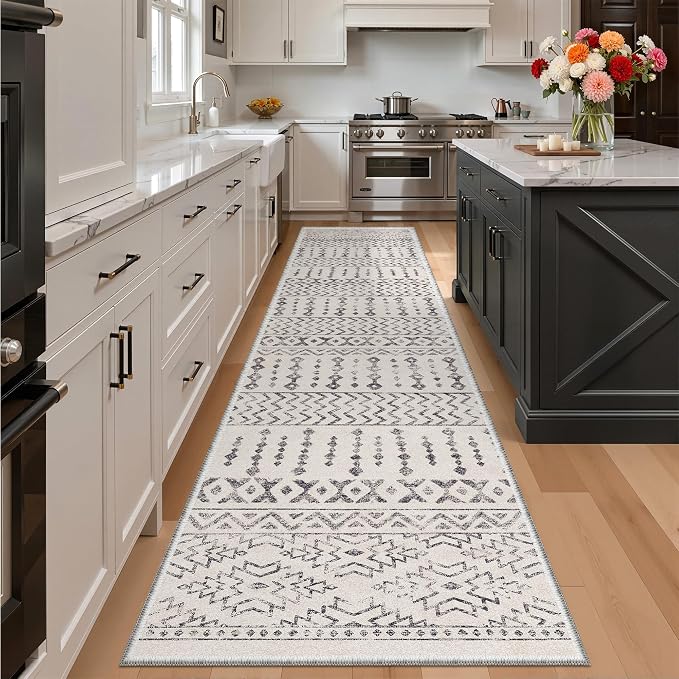 Art&Tuft 2x12 Runner Rug Non Slip, Washable Rug Runners for Hallways,Ivory | Low Pile, Moroccan Soft & Lighweight, Folable, Stain Resistant 12ft Carpet Runners for Entryway,Kitchen,Living Room,Bedroom