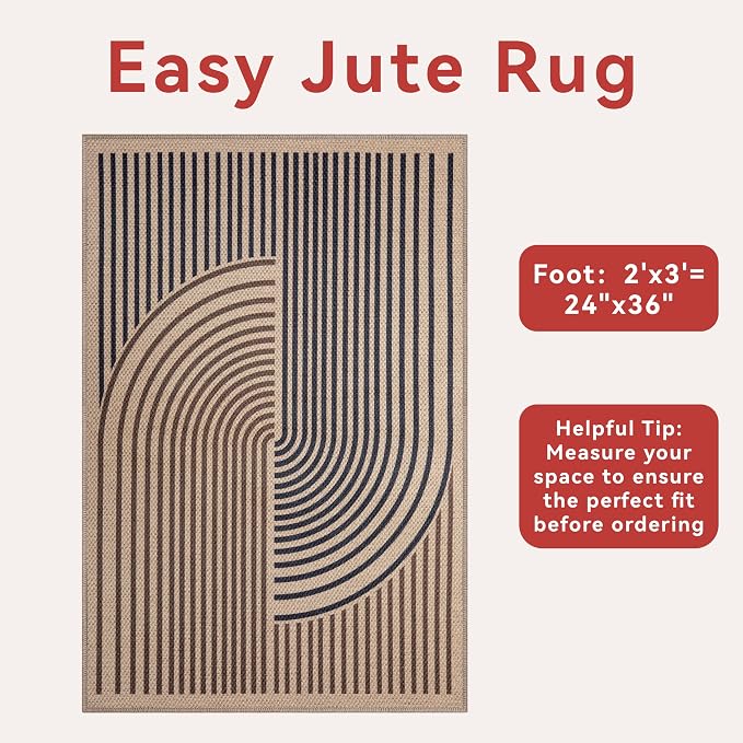 Tangsoo Rainbow Easy Jute Rug 2x3 Washable Rug,Small Area Rug for Entryway | Non-Slip Thin Dark Brown Indoor Outdoor Door Mat Modern Farmhouse Carpet for Entrance Kitchen Bedroom Bathroom