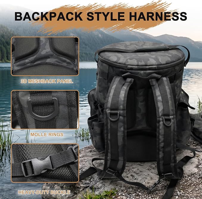 MDSTOP Fishing Bucket Backpack for 5 Gallon Bucket with Seat, Fishing Tackle Bag with Adjustable Buckle, Rod & Plier Holder and Multi-Pockets for Storage