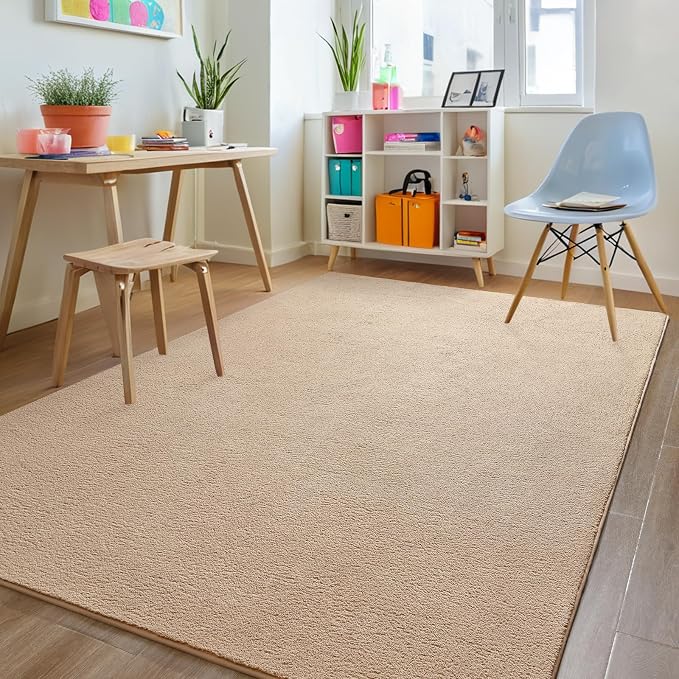 6x9 Beige Area Rug Modern Aesthetic Minimalist | Washable Memory Foam, Low Pile Non Slip Indoor Carpet for Living Room Bedroom Office Classroom College Dorm Room Home Decor