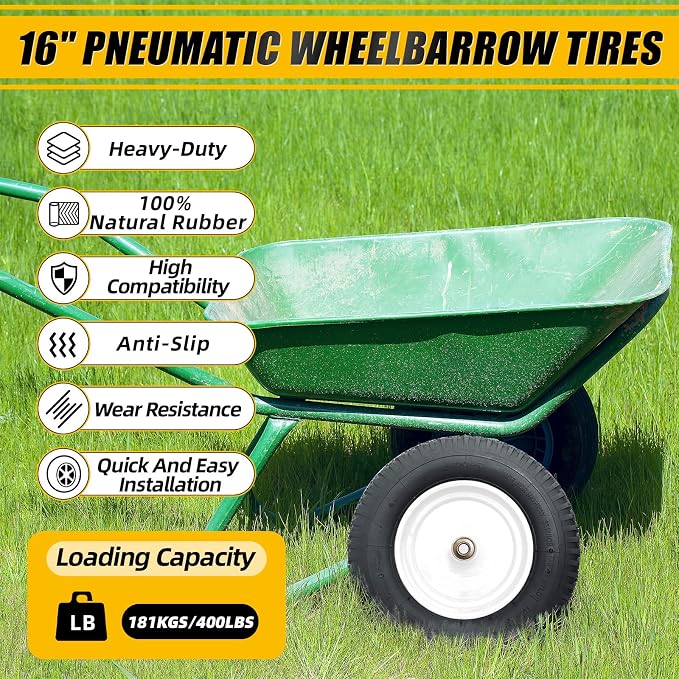 MZREXN 4.80/4.00-8" Tire and Wheel, 16" Pneumatic Wheelbarrow Tire | 5/8"&3/4" Bearings,3"-7"Centered Hub,Fit Hand Truck/Garden Carts/Yard Wagon/Utility Carts/Dolly/Trolley,White 2pcs