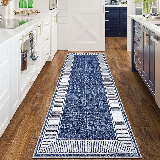 GarveeHome 2x8 Washable Kitchen Runner Rug Non Slip Modern Solid Runners | Low Pile Long Hallway Runner Rugs Blue Throw Carpet for Bathroom Living Room Bedroom, Blue