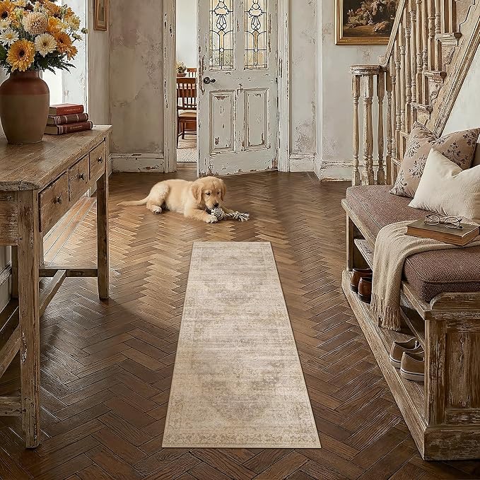 2x6 Beige Farmhouse Runner Rug | Washable, Non Slip, Soft Low Pile, Neutral Vintage, for Hallway Kitchen Laundry Bathroom Bedroom Living Room Home Decor