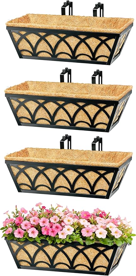 16 Inch Railing Planter Box Window Boxes Planters - 2 Pack Deck Railing Planter Boxes with Adjustable Brackets Coco Liners Balcony Planters Railing Hanging for Window Flower Boxes Outdoor Garden Decor