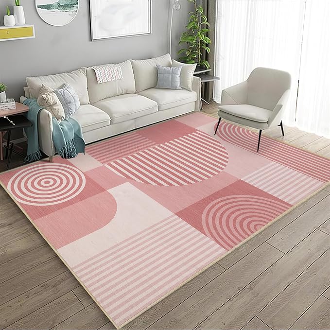 Pink Geometric Area Rug 4x6 for Living Room Rug Machine Washable Minimalist Line Mid Century Modern Rugs Non Slip Low Pile Indoor Floor Carpet for Bedroom Dining Room Laundry Office,Pink