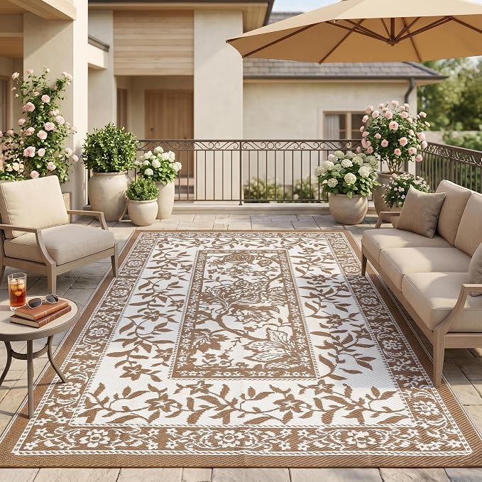 Garvee Outdoor Rug 5x8, Waterproof Reversible Foldable Plastic Straw Rug, Botanical cottagecore Outdoor Rugs Patio Camping RV Carpet for Deck Camper Porch Balcony Backyard Picnic Beach Coffee