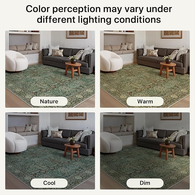 2x10 Kitchen Runner Rug, Washable Non Slip, Forest Green | Vintage Floral Design, Spill Resistant Lightweight Low Pile Carpet for Hallway, Bedroom, Laundry Room, Bathroom