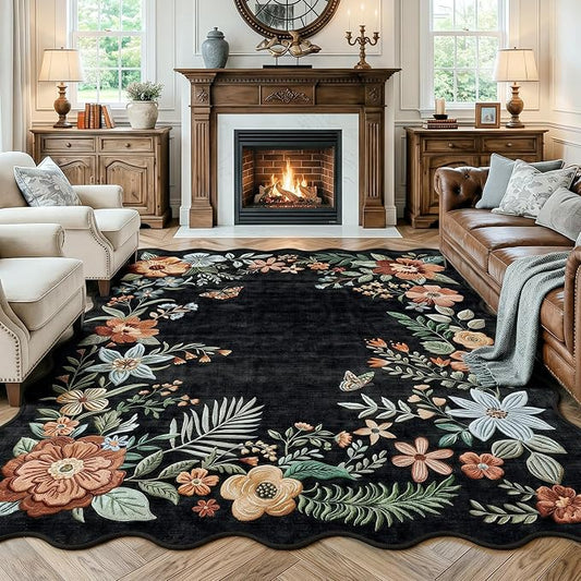 FMFUNCTEX 8x10 Washable Black Floral Vintage Boho Area Rug for Living Room | Soft Flower Colorful Traditional Distressed Non Slip Low Pile Large Indoor Thin Carpet Bedroom Dining Room Nursery,Black/Grey