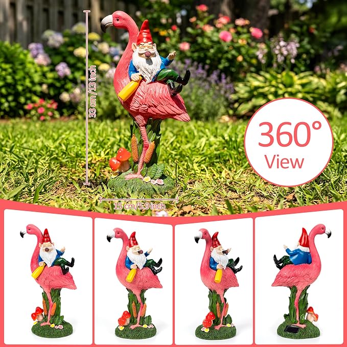 Candieslife Middle Finger Gnome Riding Flamingo 13in, Funny Garden Statue Solar Powered Outdoor Yard Decor with LED Beer Bottle & Mushrooms, Waterproof Naughty Lawn Ornament Gag Gift for Patio, Porch