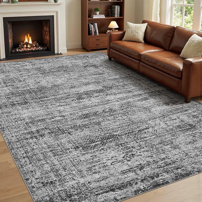 UERMEI 9x12 Area Rug Living Room Rugs - Washable Neutral Modern Abstract Soft Thin Rug Indoor Floor No Slip Rug Carpet for Bedroom Under Dining Table Home Office Decor - Dark Gray