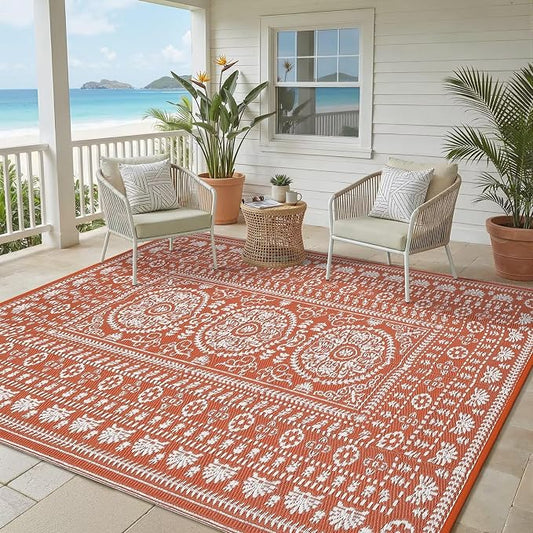 Garvee Reversible Outdoor Rug 5x8 for Patio, Waterproof Outdoor Area Rug, Boho Medallion Indoor Outdoor Carpet for Porch, Plastic Straw Rug for RV, Camping, Deck, Vintage Terracotta