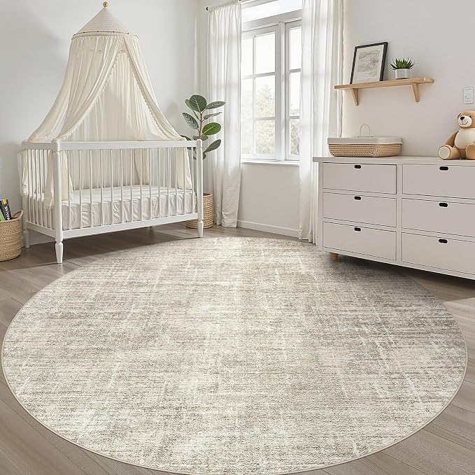 LOONGRUG Round Rug 10x10 Washable Neutral Modern Rug for Living Room Brown | Circle Large Abstract Soft Stain Resistant Indoor Non-Slip Carpet for Bedroom Nursery Kids Office Playroom Dining Room