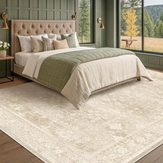 Neutral 8x10 Beige Area Rugs for Bedroom, Living Room, Cottagecore Boho Abstract Distressed Washable Ivory and Champagne Rug for Dining Room, Stain Resistant Low Pile Anti-Slip Ultra Soft