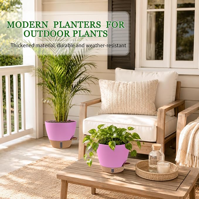 Self Watering Pots for Inoor Ourdoor Plants 10/9/8/7/6.5 Inch Plastic Planters with Drainage Holes & Water Level Indicator, Decorative House Flower Nursery Planting Pots with Saucers (Dusty Rose/Pink)