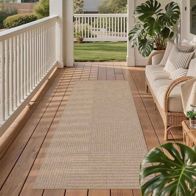 Outdoor Easy Jute Runner Rug: 2x6 Modern Natural Area Rugs for Front Patio Hallway Linen-Look Fabric Durable - Neutral Washable Mat for Entryway Kitchen Bedroom - Beige Stripes