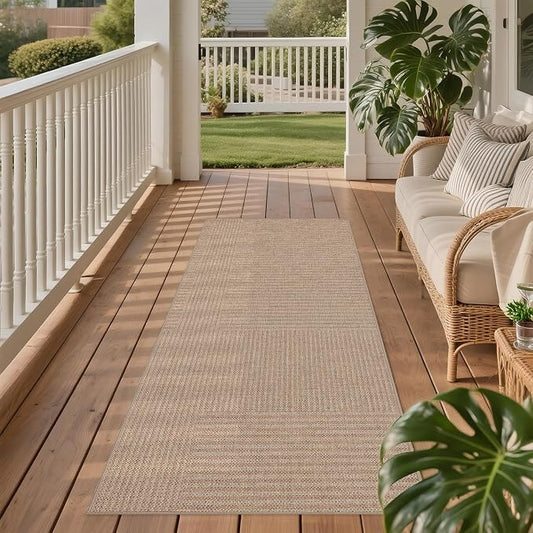 Outdoor Easy Jute Runner Rug: 2x6 Modern Natural Area Rugs for Front Patio Hallway Linen-Look Fabric Durable - Neutral Washable Mat for Entryway Kitchen Bedroom - Beige Stripes