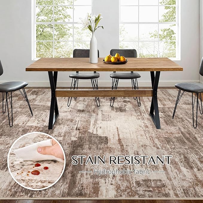 kakania Abstract 12x14 Area Rugs for Living Room: Washable Rugs Brown | Soft, Non-Slip, Low-Pile, Pet & Kid Friendly - Large Modern Home Decor Carpet for Bedroom/Dining Room/Office/Nursery
