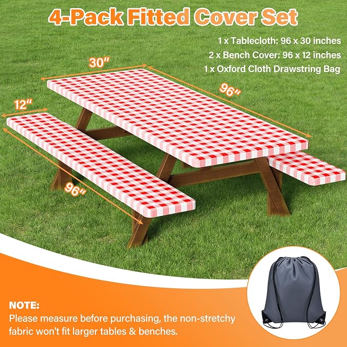 HappyTrends Fitted Picnic Table Cover with Bench Covers - 6FT Dual Layer Waterproof Camping Tablecloth with Windproof Elastic Edging & Bag, Washable RV Camping Essentials (96x30in, Red & White)