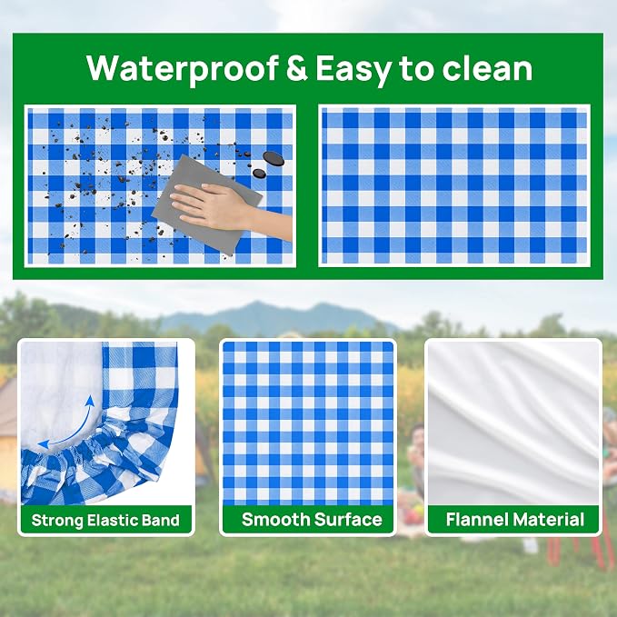 RNOONY Vinyl Fitted Picnic Table Cover with Bench Covers and Bag, 6ft Outdoor Waterproof Picnic Tablecloth with Elastic Edges, 72x30 Inches 3 Pcs Set (Blue Checkered)