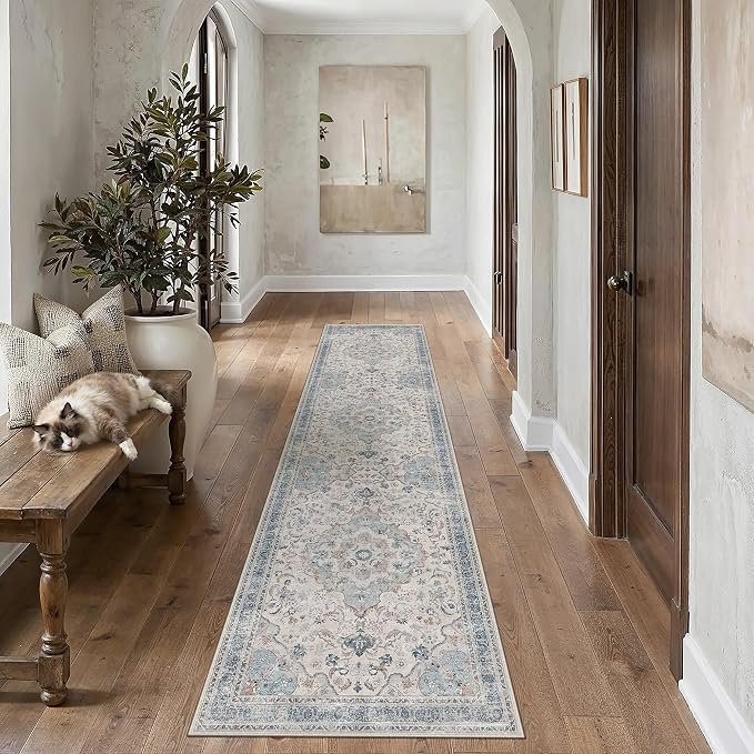 Blue Runner Rug 2.6x10 Entryway Vintage Floral Non-Slip Carpet | Machine Washable, Soft, Low Pile, Distressed, for Hallway, Kitchen, Laundry Room, Bathroom, Retro Neutral Decor