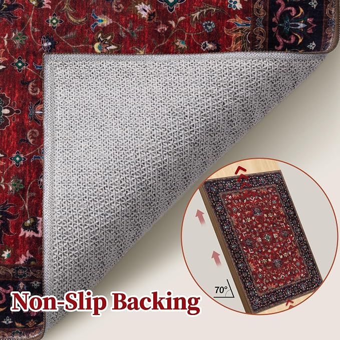 Tangsoo 2x6 Washable Runner Rug for Hallways, Oriental Non Slip Rug Runners | Vinatge Soft Low Pile Rug, Boho Print Carpet Farmhouse Hallway Runner for Kitchen Bedroom Entryway Bathroom Red Black