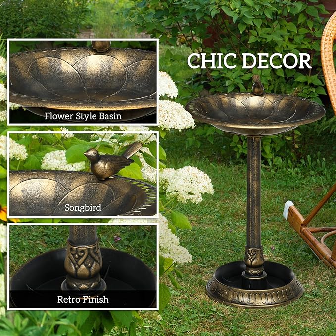 Outsunny 28" Antique Bird Bath with Pedestal Flower Planter Base, Vintage Style Decorative Birdbath & Bird Feeder Bowl, Decoration Yard Statue, Bronze