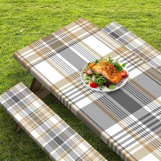 Picnic Table Cover with Bench Covers Elastic Edges, Plaid Beige Fitted Table Cover, Outdoor Patio Camping Essentials 72 Inch 3PCS, Waterproof Camping Fitted Tablecloth with Drawstring Bag