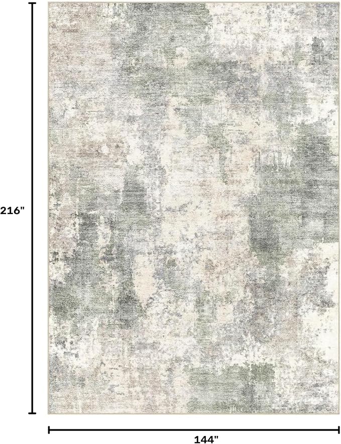 Tortania Washable 12x18 Area Rug for Living Room: Modern Abstract Neutral Large Soft Thin Rugs - Non Slip Indoor Carpet for Bedroom Dining Room Office Nursery Home Floor Decoration - Gray Green