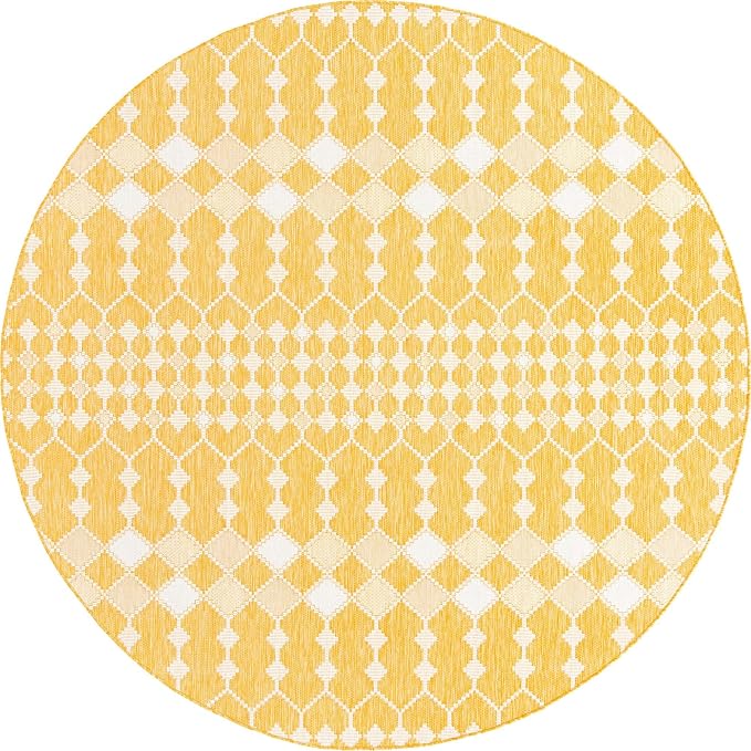 Unique Loom Outdoor Trellis Collection Area Rug - Traliccio (10' Round, Yellow/ Ivory)