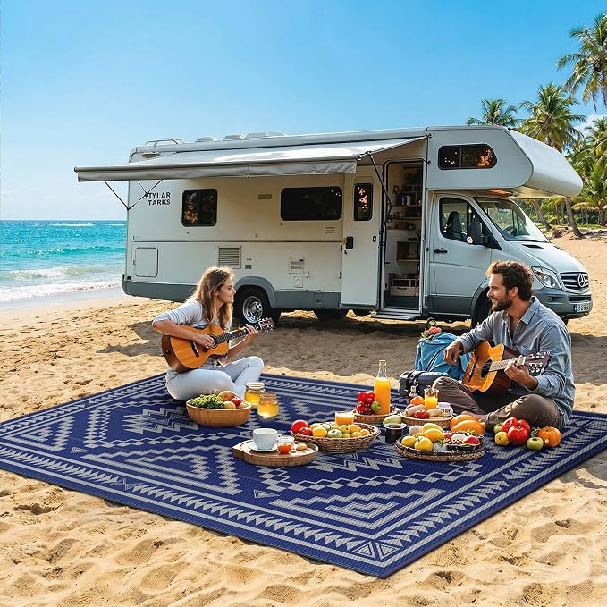 GENIMO Outdoor Rug for Patio Clearance - 6x9 ft Waterproof Plastic Camping Rugs, Reversible Outside Rv Mat Carpet for Porch, Deck, Picnic, Balcony, Beach, Backyard, Blue Grey