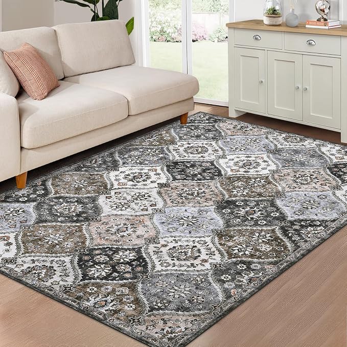 ROYHOME Machine Washable Rug Moroccan Trellis Distressed Area Rugs 4' x 6' | Stain Resistant Non-Slip Floor Cover Vintage Medallion Accent Rug Farmhouse Dining Table Carpet for Bedroom, Grey/Taupe