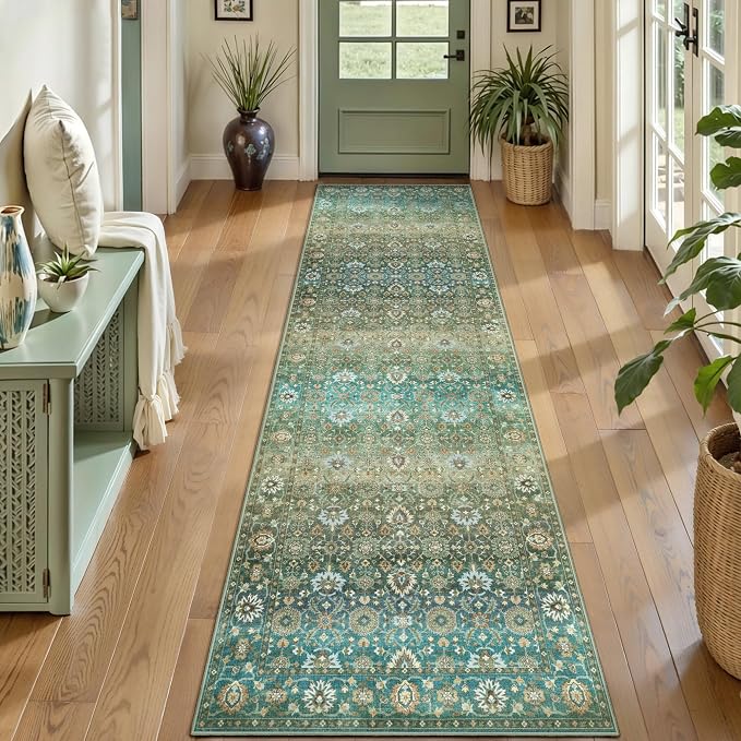 Ciicool Green Vintage Boho 2x8 Hallway Runner Rug Non-Slip Washable Kitchen Rugs Floral Soft Low Pile Long Carpet for Entryway Bedroom Laundry Bathroom