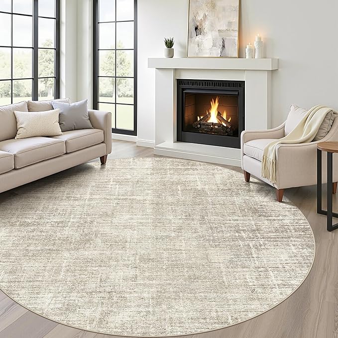 LOONGRUG Round Rug 6x6 Washable Neutral Modern Rug for Living Room Brown | Circle Abstract Soft Stain Resistant Indoor Non-Slip Carpet for Bedroom Nursery Kids Office Playroom