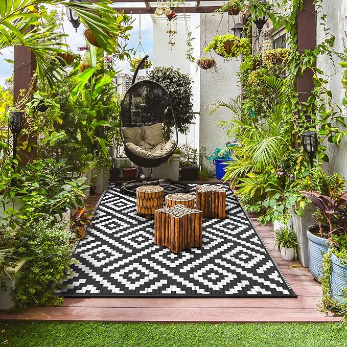 GENIMO Outdoor Rug for Patio Clearance,9'x12' Waterproof Large Mat,Reversible Plastic Camping Rugs,Rv,Porch,Deck,Camper,Balcony,Backyard,Black & White