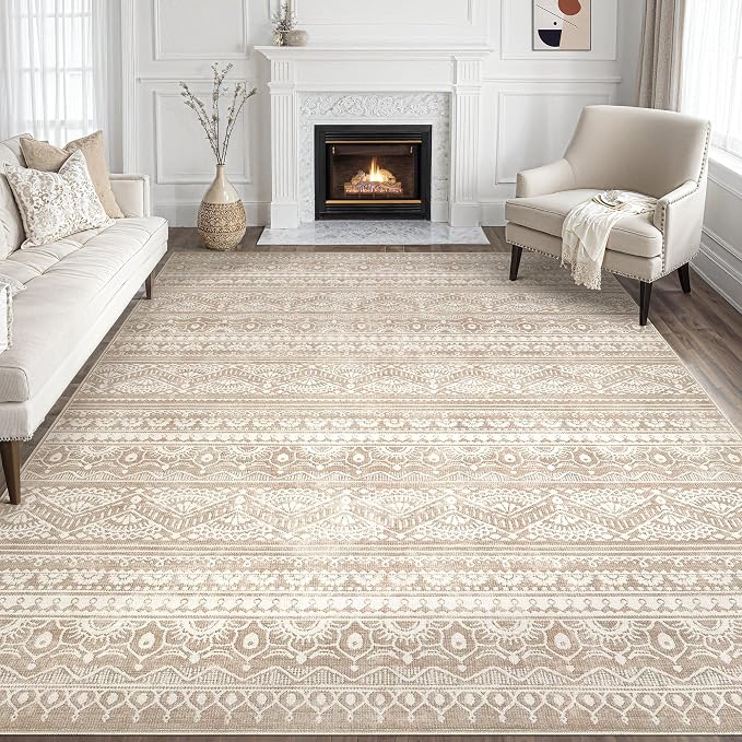 Tortania Area Rug Living Room Rugs - 9x12 Washable Large Soft Neutral Boho Moroccan Bohemian Farmhouse Rug Indoor Floor Carpet for Bedroom Under Dining Table Home Office Decor - Light Brown