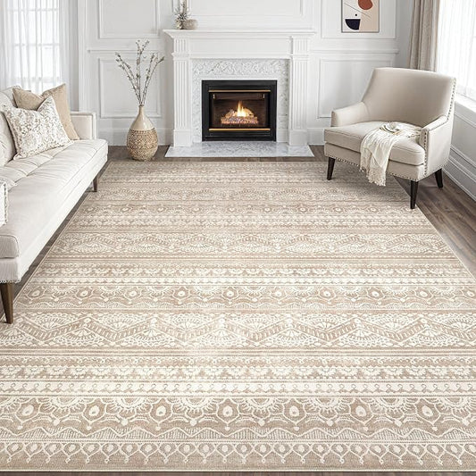 Tortania Area Rug Living Room Rugs - 9x12 Washable Large Soft Neutral Boho Moroccan Bohemian Farmhouse Rug Indoor Floor Carpet for Bedroom Under Dining Table Home Office Decor - Light Brown