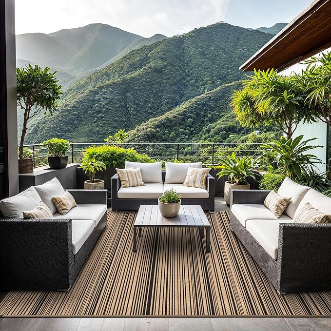 GENIMO Outdoor Rug for Patio Clearance, 9'x12' Reversible Plastic Straw Rugs, Lightweight Waterproof RV Camping Mat for Camper, Balcony, Deck, Backyard, Picnic, BlackBrown