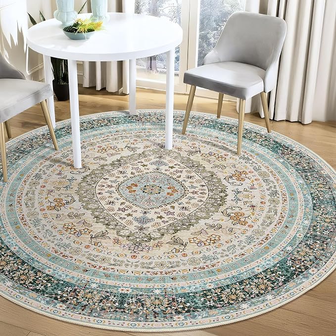 Round Area Rugs 5ft Washable,Blue Rug for Living Room Bedroom | Large Boho Vintage Bohemian Distressed Oriental Carpet Non Slip for Dining Room,Floral