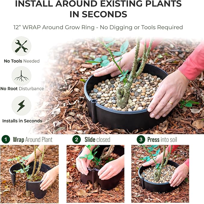 12 Inch Wrap-Around Adjustable Planting Grow Rings | 12 Pack | Brown | Install Around Existing Plants | Square Foot Gardening | Trimmer Protection and Mulch Barrier | Heavy Duty | Made in USA