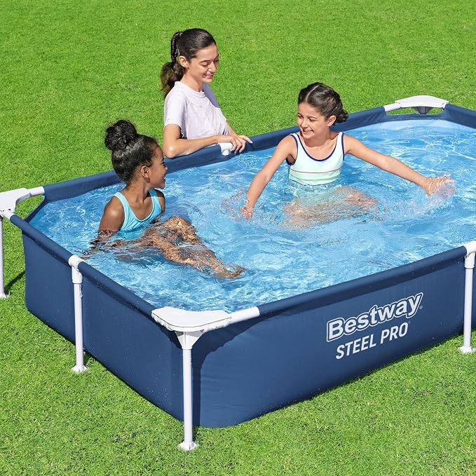 Bestway 56401 Steel Pro Pool | Swimming Pool, Rectangle Above Ground Fast Set Pool, Children’s Detachable Pool, Multiple Sizes, Blue, 221 x 150 x 43 cm | Rectangular Frame Swimming Pool, Puncture-Rust Resistant Garden Pool, Easy Assemble