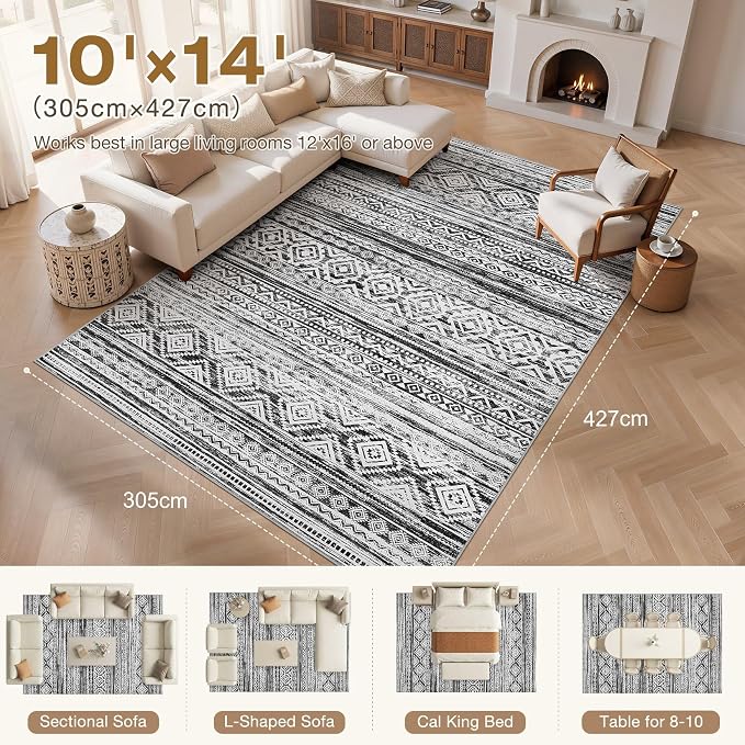 cotiled Boho 10x14 Area Rug for Living Room: Large Moroccan Washable Rug | Solve Modern Neutral Trendy Home Decor - Stain Resistan Carpet for Bedroom Farmhouse White Black