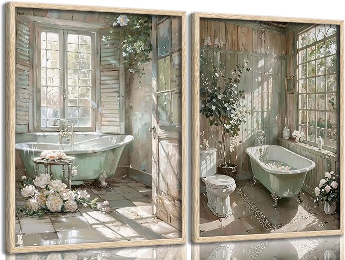 Vintage Farmhouse Theme Bathroom Canvas Wall Art Bathtub With Flowers Poster Print Painting Rustic Farmhouse Window Wall Decor Sunlit Floral Bathroom Pictures Artwork for Toilet Restroom Decoration