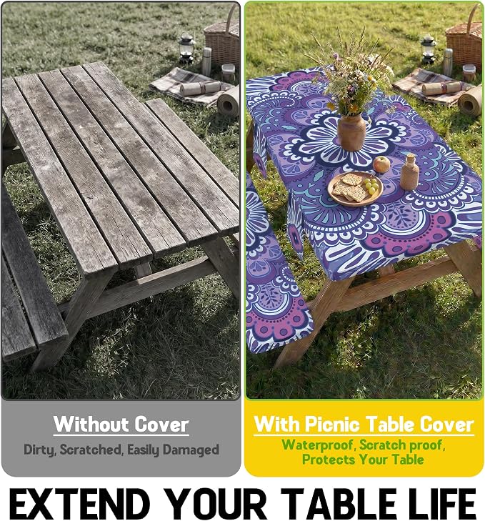 Picnic Table Cover with Bench Covers Elastic Table Cloth Cool Fun Unique Ideas Christmas Xmas Mother Valentine's Day Birthday Party Camping Gifts for Camper RV Owner Camping Lovers Women Mom Adult