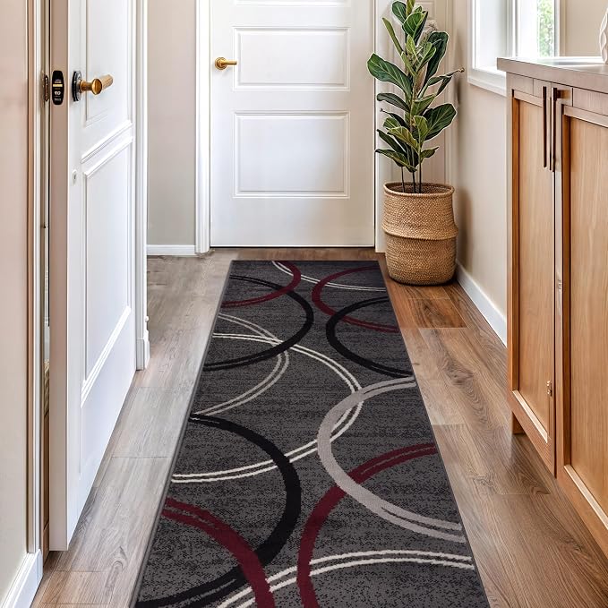 Rugshop Wavy Circles Modern Non-Shedding Runner Rug Red 2'7" x 8' | Rectangular, Size 2'7" x 8', Living Room, Bedroom, Dining Room, Home Office, Kitchen, Entryway, Hallway, Nursery, Kids Room