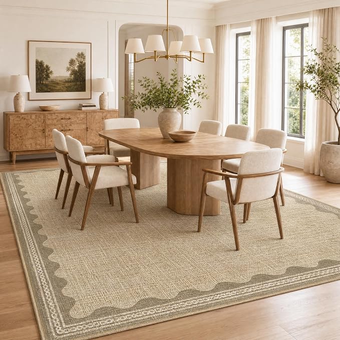 GarveeHome Scalloped Tan Washable Rugs 10x13 Rug for Living Room Non-Slip Solid Jute Modern Minimalism 10 x 13 Rug Low-Pile Carpet for Bedroom Dining Nursery Mat with Rubber Back