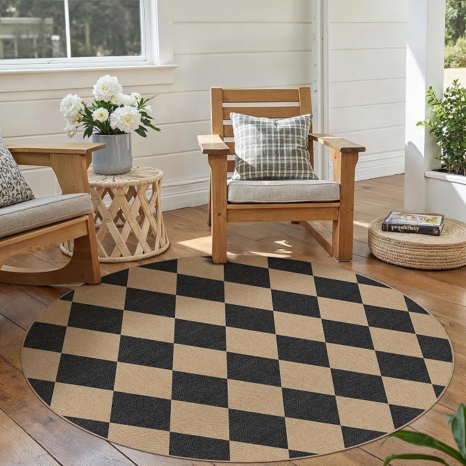 PureCozy Checkered 4 ft Easy Jute Round Rug, Washable Small Rugs for Entryway Patio, Farmhouse Non Slip Non Shedding Indoor Outdoor Circle Carpet for Kitchen Porch