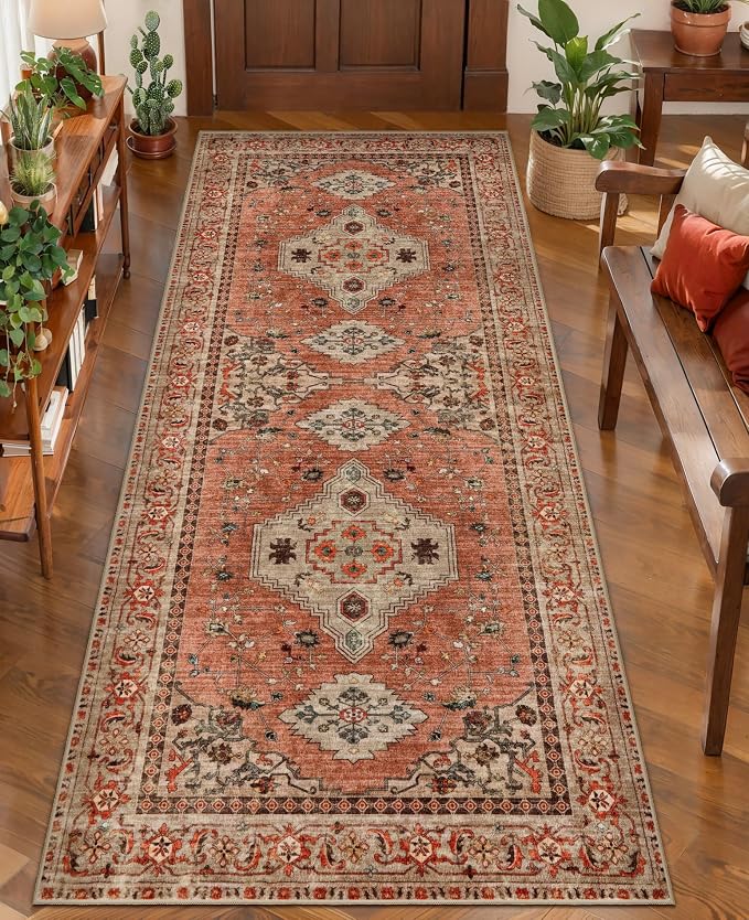 Tangsoo Boho Runner Rug, 2x6 Washable Runner Rugs for Hallways, Non Slip | Oriental Soft Low Pile Rug Runners, Vintage Print Carpet Runner for Kitchen Bedroom Entryway Bathroom Living Room Terracotta