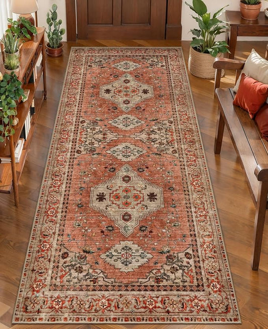 Tangsoo Boho Runner Rug, 2x6 Washable Runner Rugs for Hallways, Non Slip | Oriental Soft Low Pile Rug Runners, Vintage Print Carpet Runner for Kitchen Bedroom Entryway Bathroom Living Room Terracotta