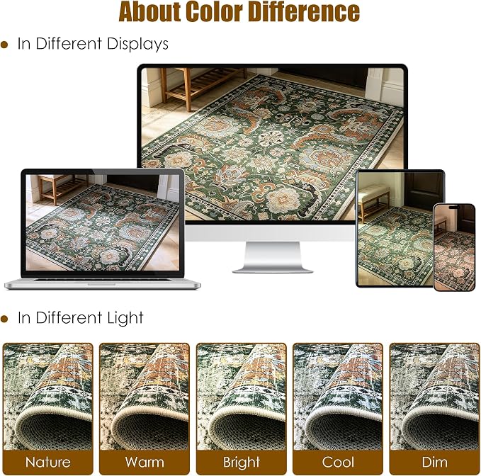 Washable Area Rugs - Perfect for Living Room, Bedroom, Kids Room, Nursery - Stain & Water Resistant Non-Slip, Pet & Child Friendly, Vintage Tribal Area Rugs (Green, 3' x 5 ')
