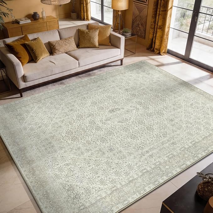 Keen Home Design Vintage Washable Area Rug, Non-Slip Low Pile, 9x12 | Machine Washable Cotton Chenille, 0.25In Low Pile, Rubber Non-Slip Back; Living Room, Bedroom, Dining Room